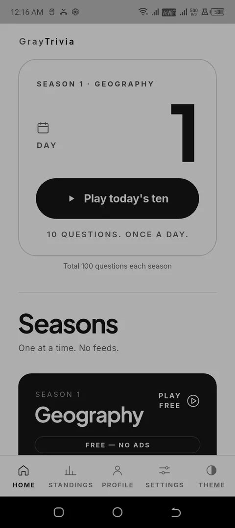 GrayTrivia home screen with today’s ten questions